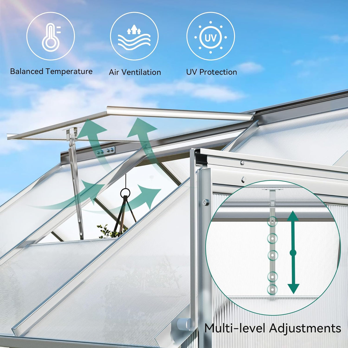 YITAHOME 6x6FT Polycarbonate Greenhouse Heavy Duty Green Houses Outdoor Greenhouses Aluminum Sliding Doors Vent Window Large Sun House for Garden Backyard, Silver
