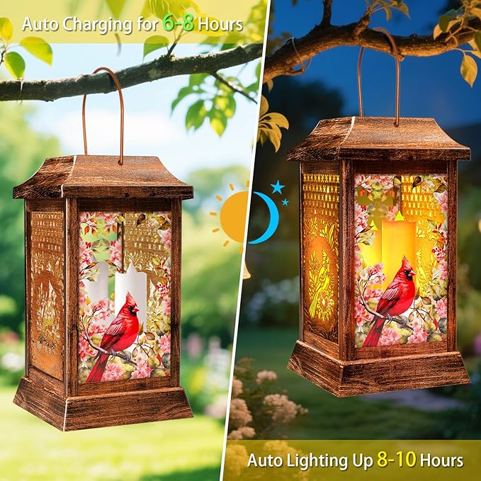 Cardinal Solar Lanterns Outdoor Waterproof, Metal & Glass Hanging Lights Garden Decor, Birthday Gifts for Women Mom Grandma Mothers Day, Decorative Lights for Outside Yard Patio Backyard Porch