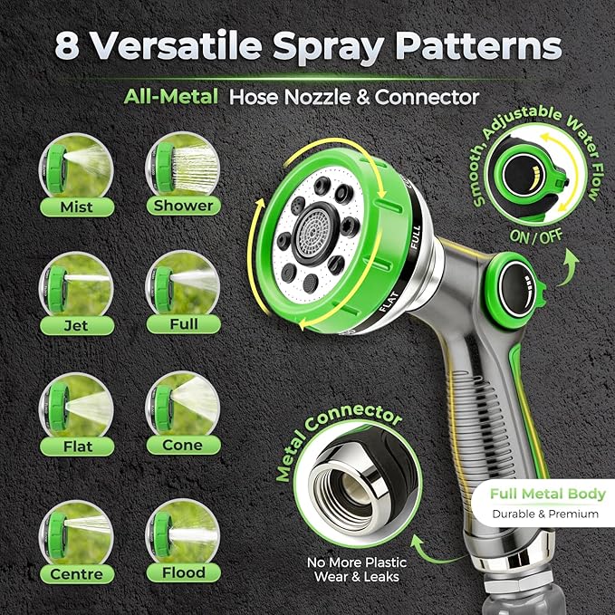 Garden Hose 50 Ft With 8-Pattern Spray Nozzle, 5/8" Lead-Free Flexible Water Hose With 3/4" Anodized Aircraft-Grade Aluminum Interface, Lightweight No-Kink Water Pipe For Lawn, Yard, Outdoor Cleaning