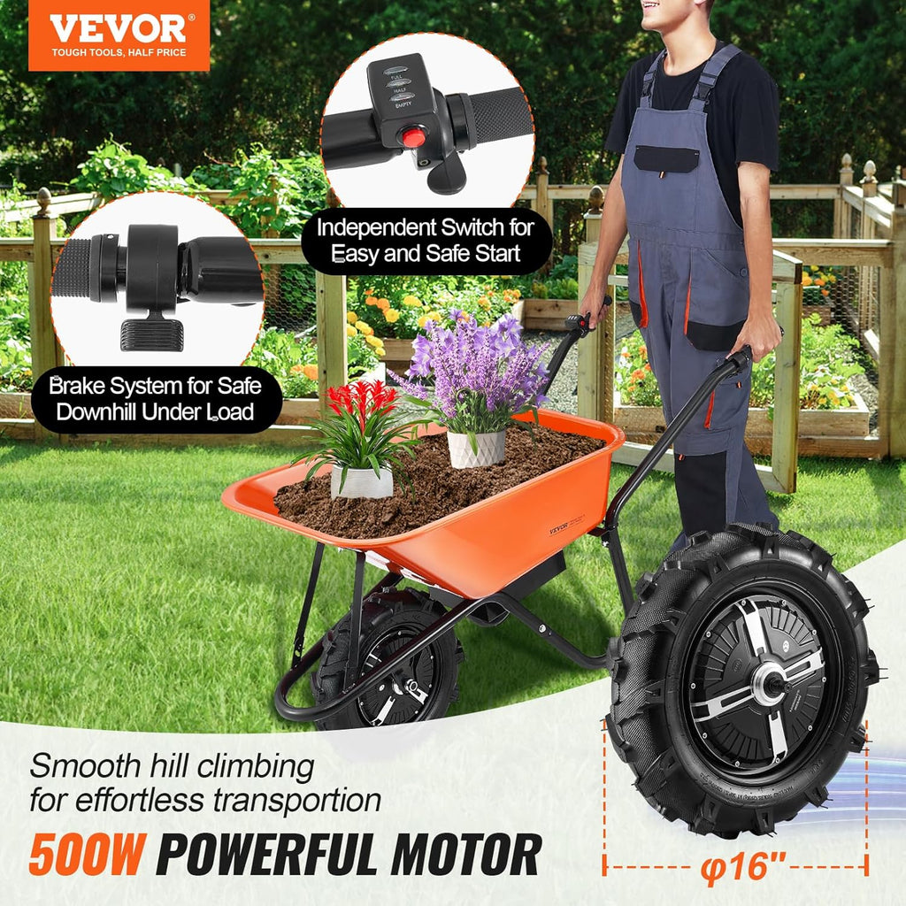 VEVOR Electric Wheelbarrow Cart, 500W Powered Utility Garden Wagon Dump Cart, 4 Cu. Ft. Load & 330 lbs Capacity with Metal Handle & 16" Track Wheels, One Wheel Barrow Yard Cart & Wagons for Lawn Farm