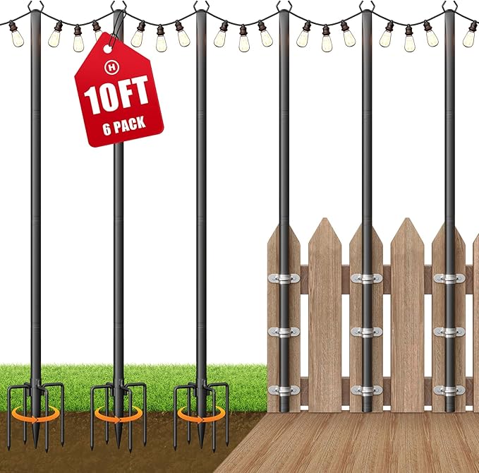 6 Pack String Light Poles for Outside, 10Ft Adjustable Outdoor Light Poles for String Lights, Outdoor Lighting Stand with Fork for Patio, Deck, Backyard, Garden, Party & Wedding