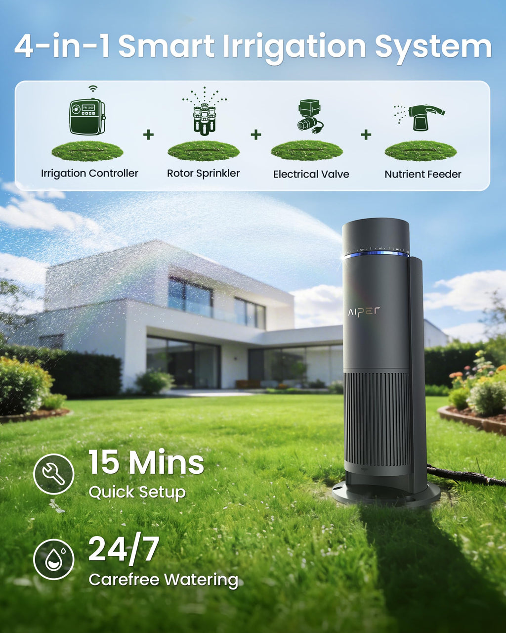 Aiper IrriSense 2 Lawn Sprinkler, Smart Irrigation System, Multi-Zone Plant-Specific Watering, Smart Scheduling, Weather-Adaptive Irrigation with Rain Sensor, for Lawns up to 4,800 sq.ft.-Blue