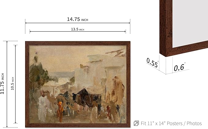 Poster Master Vintage The Bazaar Painting Poster - Retro Street in Udaipur Print - India Art - Cityscape Art - Farmhouse Art - Abstract Art - Office or Living Room Wall Decor, 11x14 Brown Framed