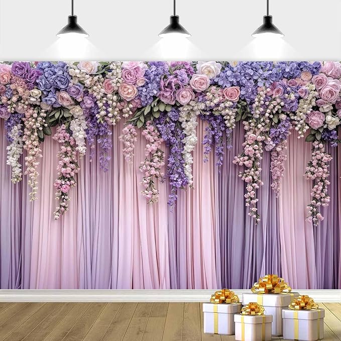 15x10ft Purple Flower Wedding Photography Backdrop Lavender Floral Wedding Bridal Photography Backdrop Anniversary Birthday Baby Shower Girl Party Banner Photo Booth Props Background Wall Decor