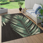 Outdoor Rug Black Green with Floral Palm Leaf Design Waterproof, Size: 5'3" x 7'7"