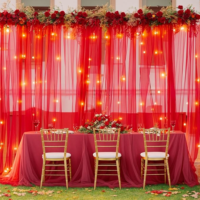 20×10ft Red Tulle Backdrop Curtain with Lights for Parties, Sheer Photo Backdrop Curtains for Wedding Party Photography Background