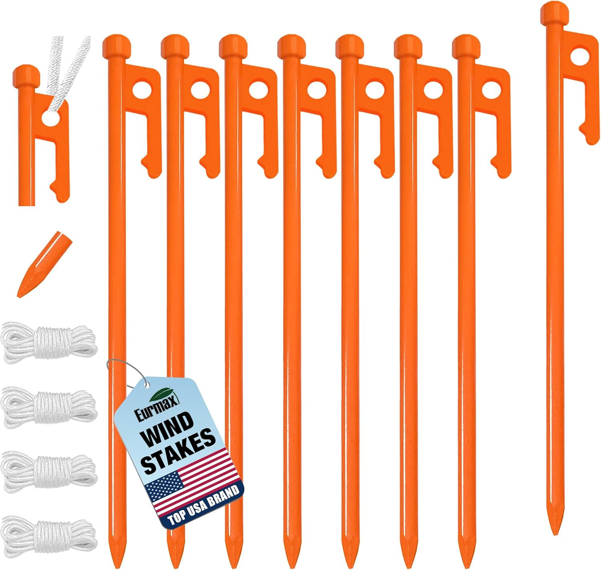 Eurmax USA 10 inch Multiuse Heavy Duty Steel Tent Stakes Tarp Pegs Camping Stakes for Outdoor Camping Canopy and tarp with 4 Ropes 10FT Length,8pcs(Orange)