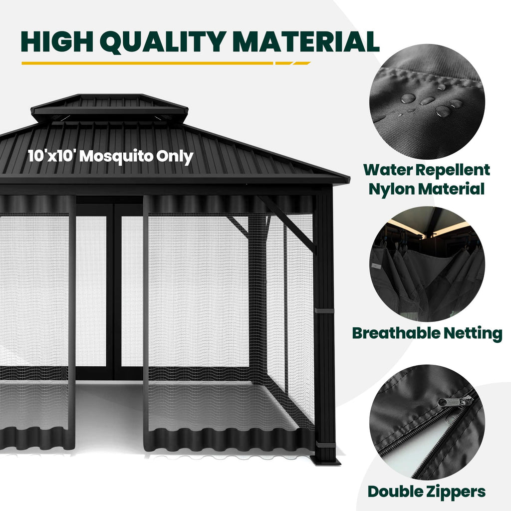 OLILAWN Gazebo Universal Replacement Mosquito Netting, 10' x 10' Outdoor Canopy Net Screen 4-Panel Sidewall Curtain, with Zippers, Easy to Install, Fit for Most Gazebo 10x10 Canopy, Black