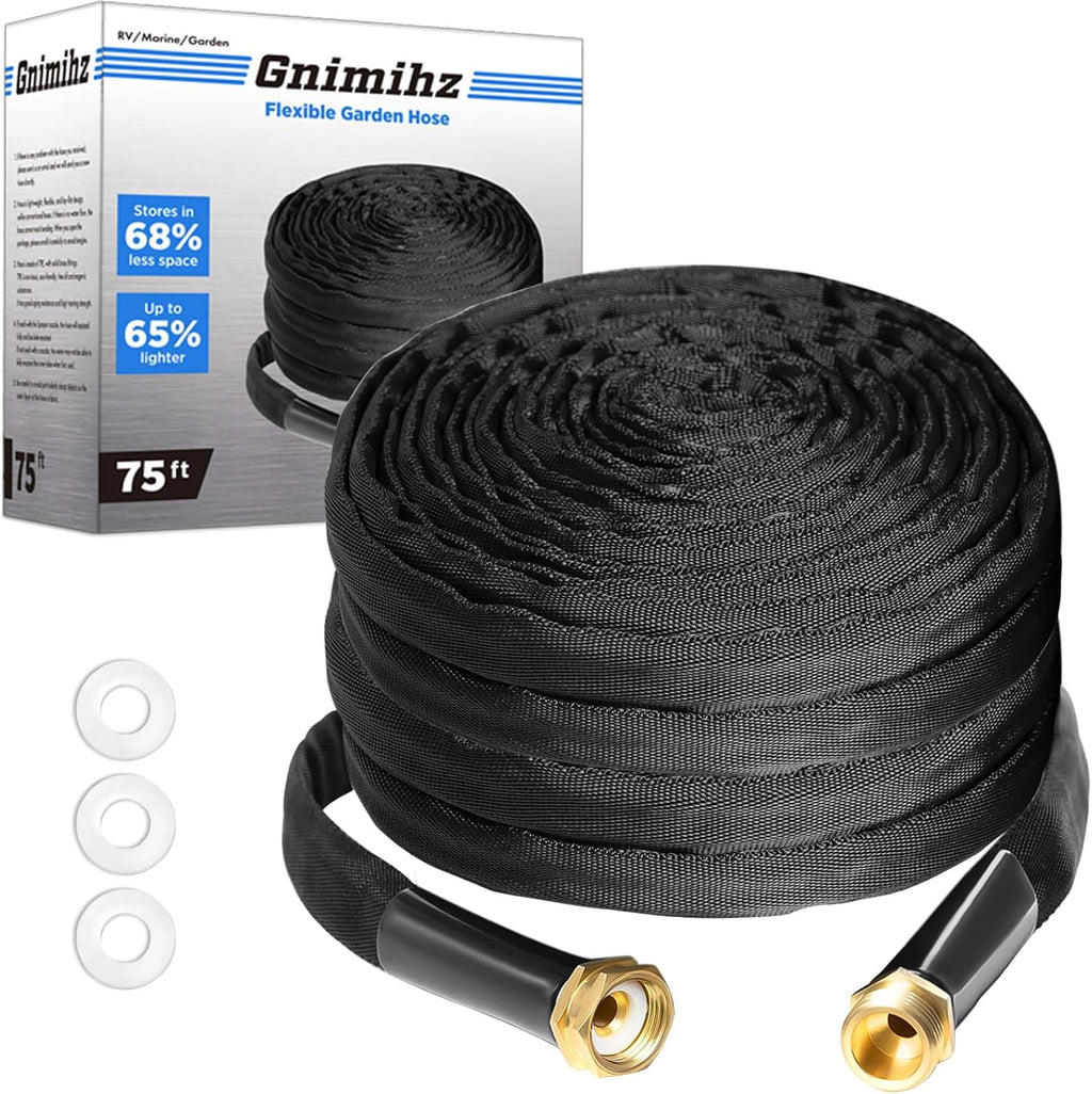 Garden Hose 75ft, Made of TPE(Not PVC), Ultra-Light & Flexible Water Hose with Solid Brass Fittings, Non-Shrinking, Easy to Storage, Drinking Water Safe Material, All-weather, Black, Newbox