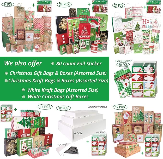 Christmas Gift Tags 60 Count with Untied String (15 Assorted Glitter, Foil, Printed Designs for DIY Xmas Present Wrap and Label Package Name Card)