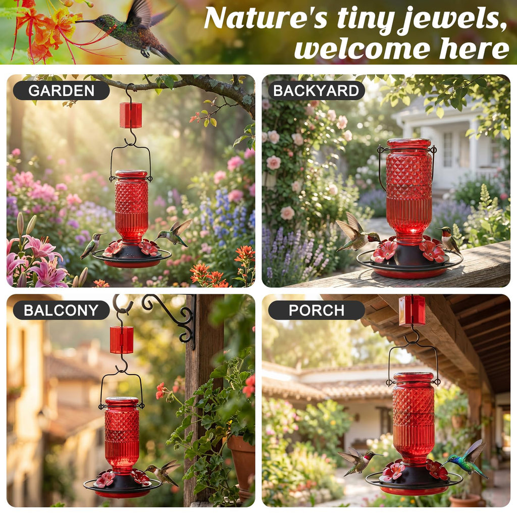FEED GARDEN Glass Hummingbird Feeder for Outdoors Hanging, 16 oz Leak-Proof Nectar Feeder with Bee Guards & Ant Moat, 4 Metal Flower Feeding Ports, 360° Perch Ring, Easy Refill & Clean, Red