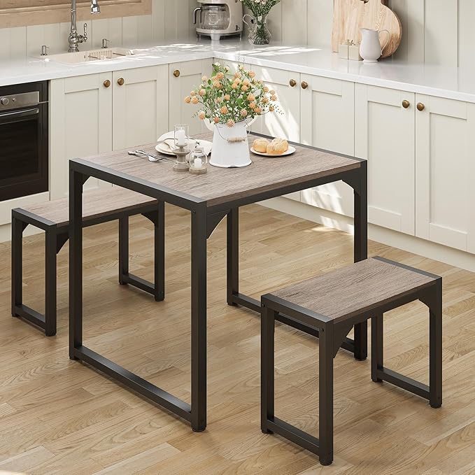 Gizoon Dining Table Set for 2, Kitchen Table Set for 2 with Steel Frame, Kitchen Table with 2 Benches for Small Space, Space Saving Design for Restaurant, Living Room, Grey