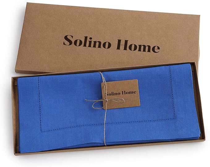 Solino Home Linen Royal Blue Table Runner 48 Inches - Classic Hemstitch, 100% Pure Linen Coffee Table Runner 14 x 48 Inch Ideal for Dresser Tables