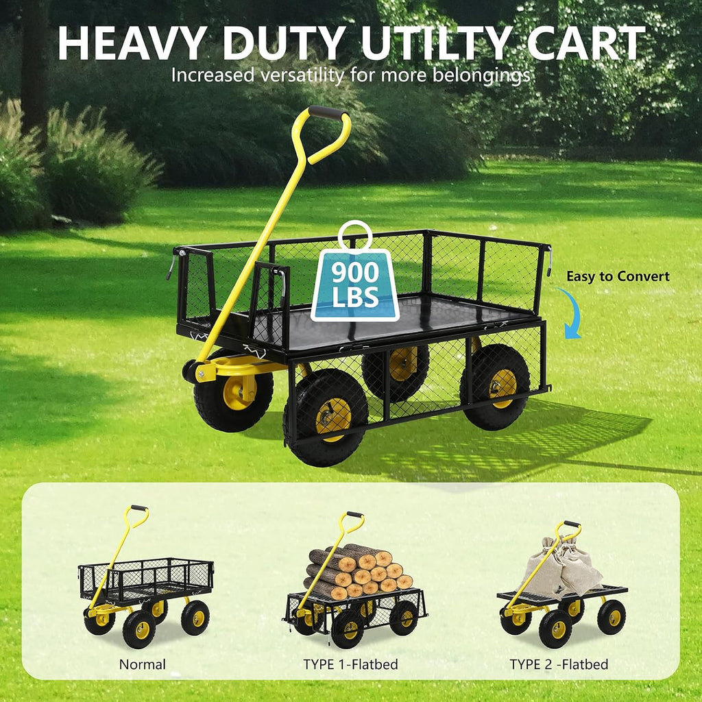 Steel Garden Cart, 2-in-1 Heavy Duty Utility Wagon 900 LBS Capacity Carts with Removable Mesh Sides to Convert into Flatbed, 240° U-Turn 10" Pneumatic Tires Garden Wagon for Lawn Camping Farm Yard