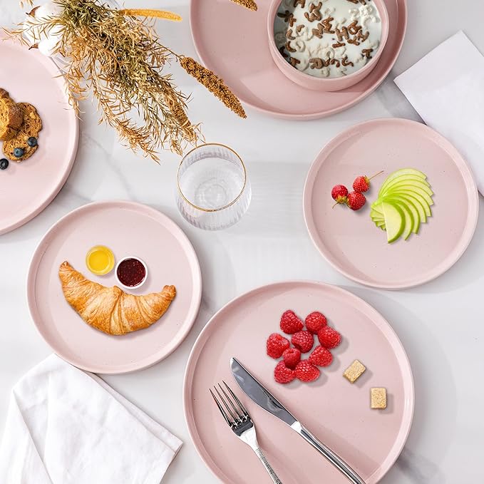 GBHOME Dinnerware Set for 4, 12 Piece Speckled Plates and Bowls Set with Glazed Bottom, Chip & Scratch Resistant Stoneware Plates Sets, Dishwasher & Microwave Safe Dishes (Pink, Service for 4)