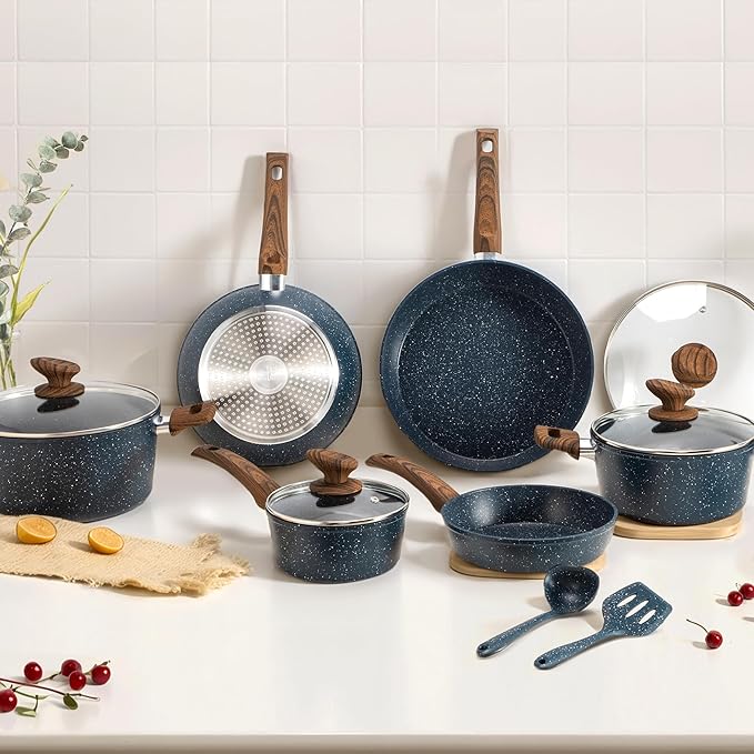 DisDelight Pots and Pans Set Non Stick, Nonstick Induction Granite Kitchen Cookware Sets, Induction Nonstick Granite Cooking Set, Induction Cookware Cooking Pan Set, Pan Sets for Cooking, Blue