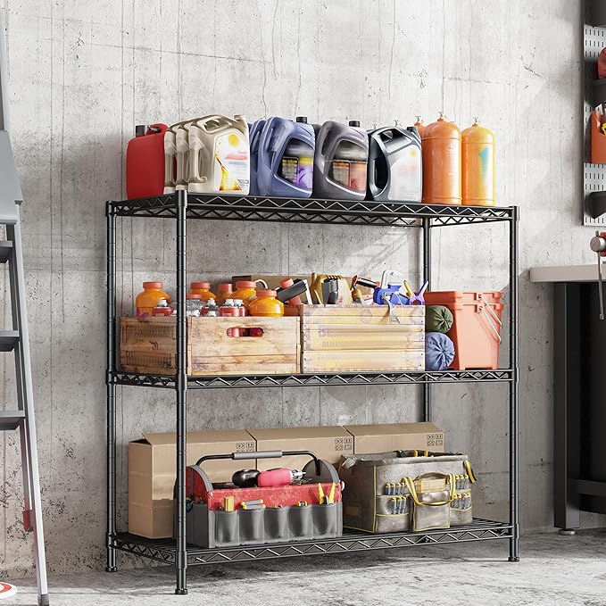 3- Shelf Metal Shelving Unit Adjustable Storage Shelves Heavy Duty Garage Shelving Steel Wire Shelving for Laundry Bathroom Kitchen Pantry Closet Garage Black, 35.6Wx14Dx36H