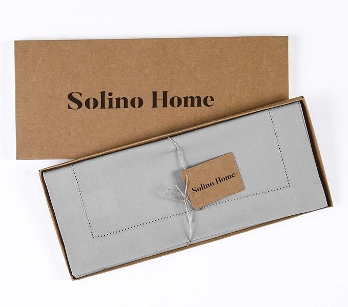 Solino Home Light Grey Table Runner 60 Inches - Cotton Linen Hemstitch Coffee Table Runner 14 x 60 Inch Ideal for Dresser Tables - Fall, Autumn, Halloween, Thanksgiving, Christmas, Holiday