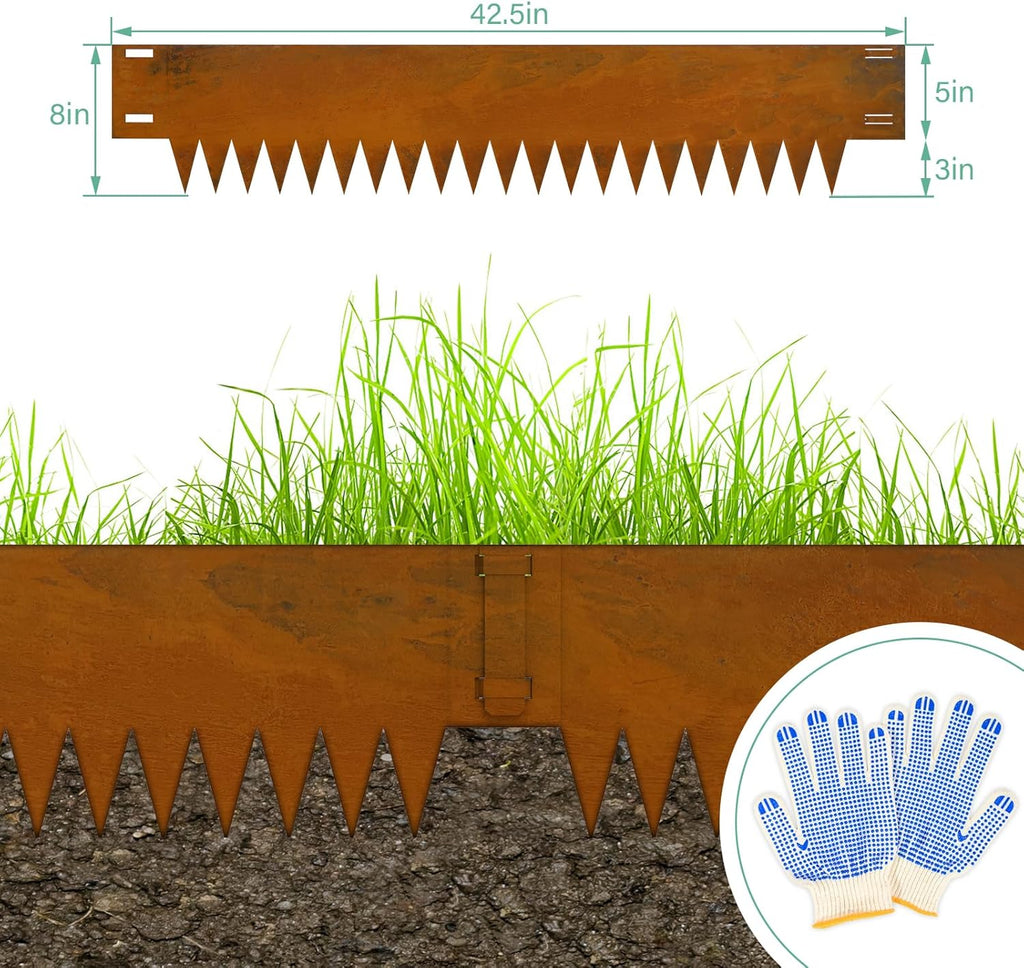 Cor Ten Steel Landscape Edging, 8Hx40L-Inch Metal Garden Edging, 6-Pack Hammer in Landscape Edging with 6 Clips and Gloves, Rustic