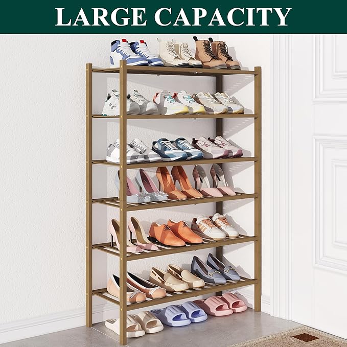 Smiry Bamboo Shoe Rack for Closet, 6 Tier Wooden Stackable Shoe Organizer, Free Standing Shoes Storage Shelf for Entryway, Front Door Entrance, Walnut