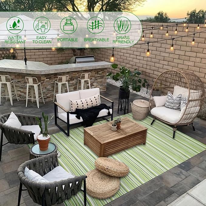Outdoor/Indoor Rug Plastic Straw Rug Waterproof Portable Outdoor Mat, Easy to Clean and Fold,Perfect for Garden, Patio, Picnic, Decking-（Green，5x7Ft）