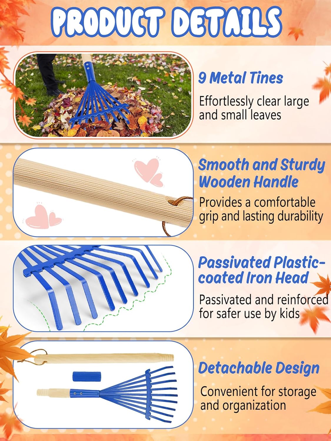 Kids Friendly Rakes for Leaves - 28" Child Size Small Rake with Durable Metal Head & Hardwood Handle, Real Lawn Garden Yard Tools for 3+ Years Kids Enjoy Helping Work Gifts (Blue)