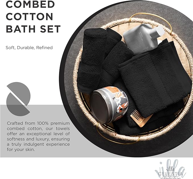 100% Cotton Bath Towel Set of 12-4 Bath Towels, 4 Hand Towels, 4 Wash Cloths, Sustainable, Soft, Highly Absorbent, Combed Cotton 12 Piece Set for Hotels, Spa, Bathroom, Dorm, Black