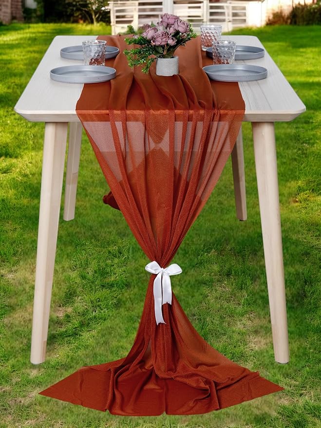 MDS 2 Pack 14ft Chiffon Table Runner 29 x 170 Inches Sheer Wedding Runner Romantic Rustic Table Runner for Wedding Decorations, Birthday Parties, Bridal Shower Party Arch Decor - Terracotta