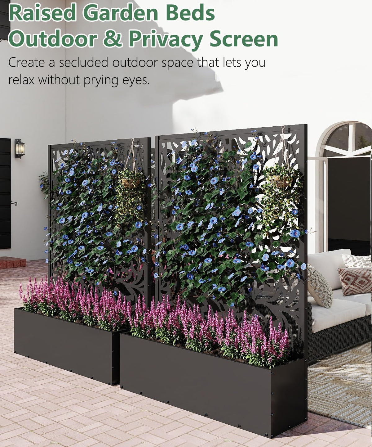 Metal Planter Box with Trellis,70.9"x47.2"x15.7" Raised Garden Bed with Drainage Holes, Privacy Planters for Outdoor Garden Bed for Climbing Plants,Vegetables,and Vines, Black-Flower