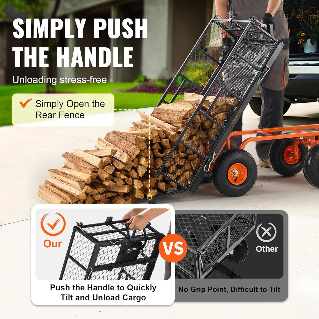 VEVOR 880lbs Steel Garden Dump Cart Utility Wagon, Heavy Duty Yard Dump Wagon Cart with Removable Sides, Pullable Handle, Utility Liner, 10in All Terrain Wheels