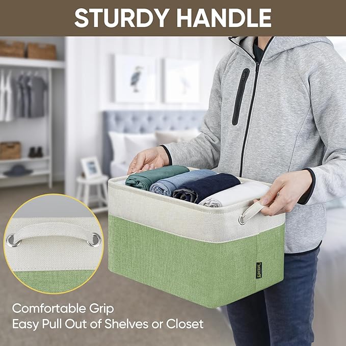 BALEINE 1 Pack Fabric Storage Bins for Shelves, Linen Storage Baskets for Organizing, Decorative Closet Bins for Clothes, Home (Green, 15''x11''x9.5'')