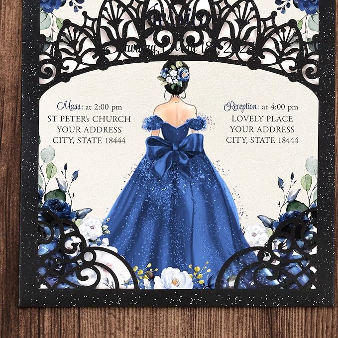 50Pcs Navy Blue Crown Invitations for Quinceanera, 15 year, Sweet 16, Miss XV, Birthday Laser Cut Quince Invitation Cards Personalized Pearlized Black