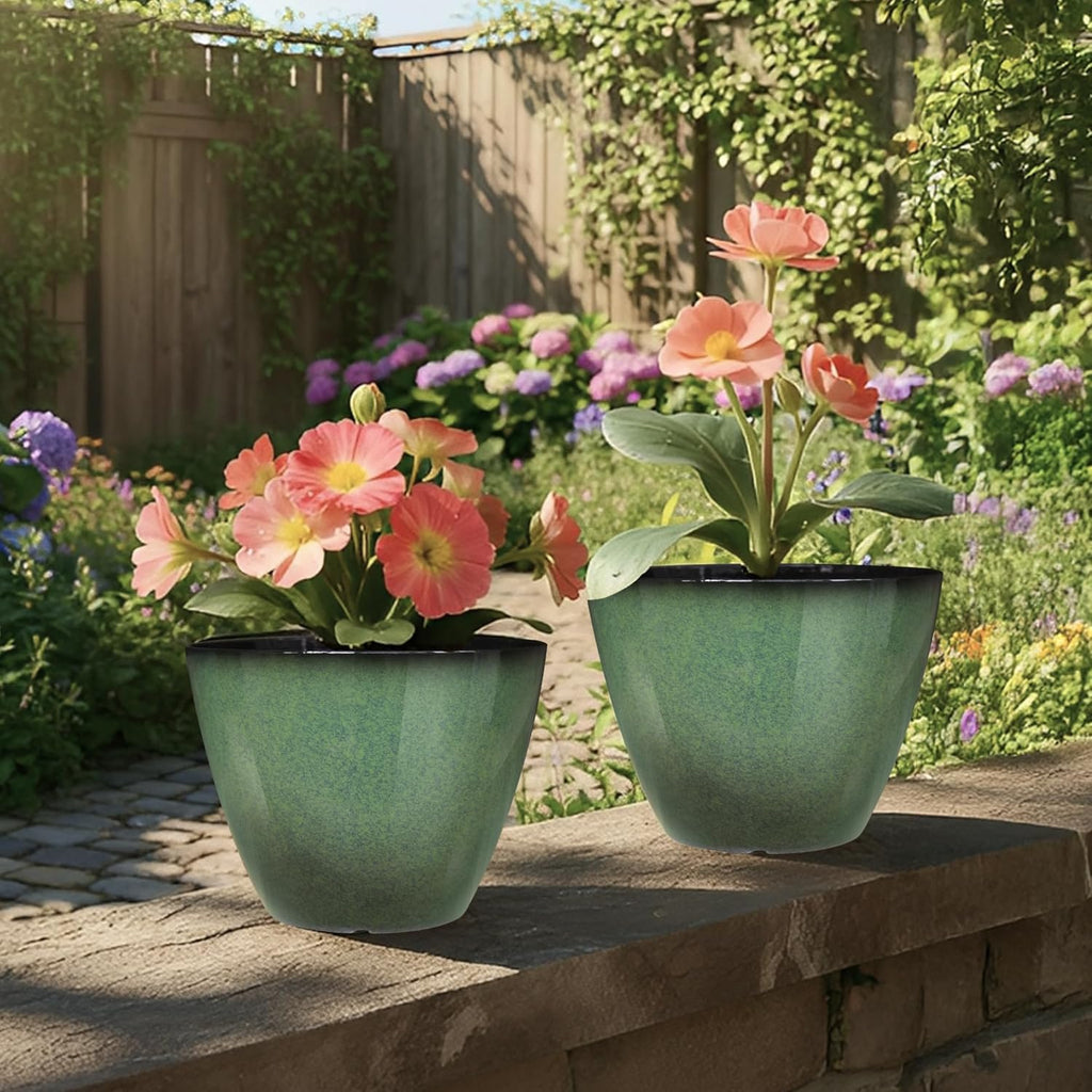 4 Pack 8 inch Plant Pots, Plastic Planter for Indoor Outdoor Plant with Drainage Holes and Saucers, Flower Pots for Garden Home Decor(Green, 4pcs)