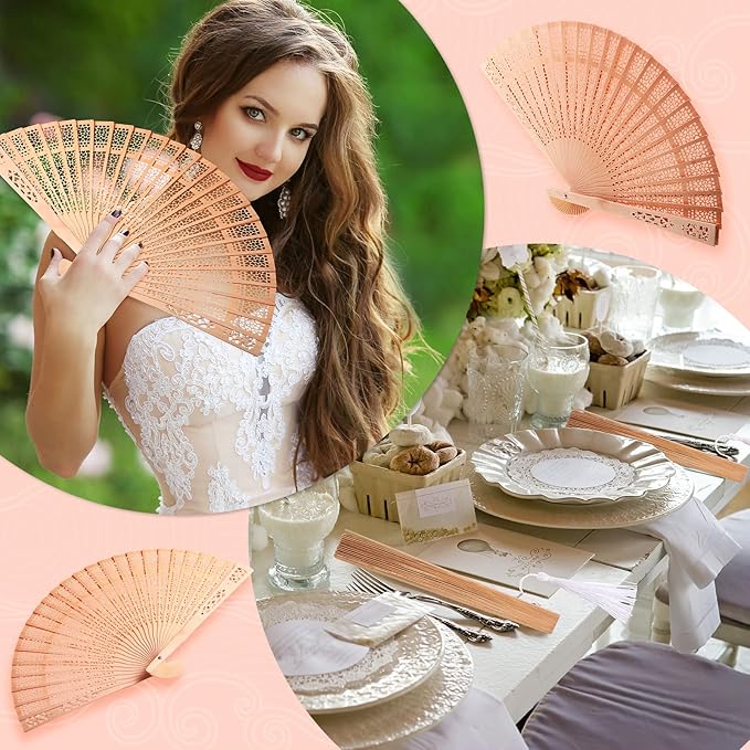 Qunclay 60Pcs Wooden Hand Fans Folding Wedding Fans for Guest Chinese Hollow Pattern with White Tassel and Gift Bag for Wedding Bridal Shower Birthday Party Favors Gift and Home Decor(Delicate Style)
