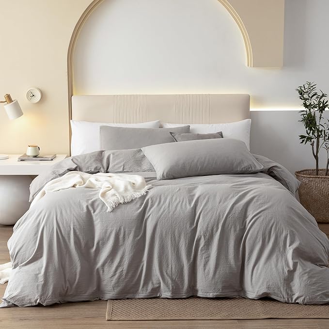 JIYUAN 100% Washed Cotton Duvet Cover Set 3 Pieces Full, 1 Duvet Cover 80x90 Inches(Comforter Not Included) and 2 Pillowcases,Linen Feel Bedding Set Comfy and Breathable, Heathered Pastel Grey