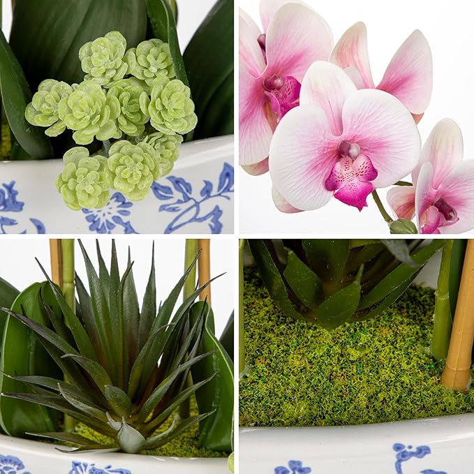 Briful Pink Orchid Fake Flowers 17in Artificial Orchid Silk Flowers in Blue and White Ceramic Vase Faux Orchid Arrangement for Elegant Home Office Room Dining Table Centerpiece Shelf Modern Decor