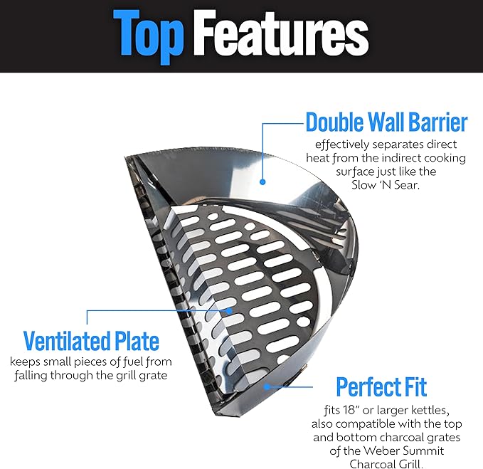 SnS Grills Slow ‘N Sear Charcoal Inserts for Low ‘N Slow & High-Heat Cooking - Patented Stainless Steel Accessories for Kettle Grills - Charcoal Basket 18"