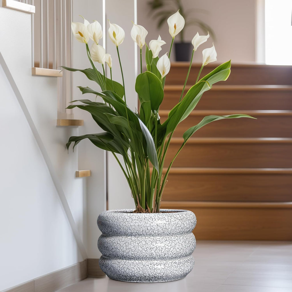 SQOWL Ceramic Plant Pots - 13.5 Inch Ceramic Planter with Drainage Hole, Large Round Planter for Indoor Plants, Modern Flower Pots Outdoor, Office Living Room Decor, Birthday Gifts, Black and White
