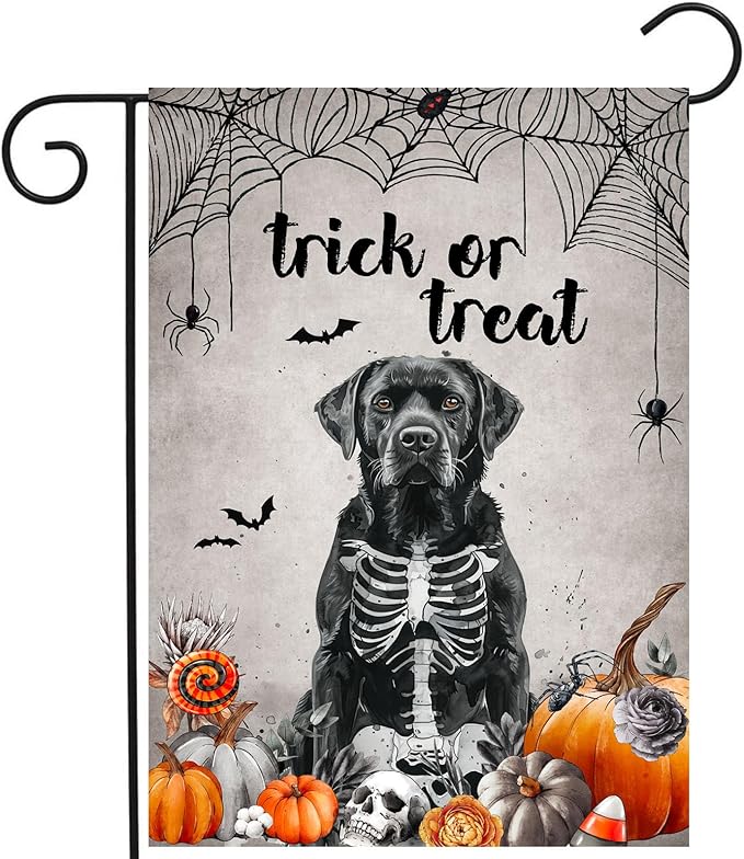 Halloween Black Lab Garden Flag Trick or Treat Yard Flag Ghost Labrador Dog Garden Flags for Outside 12x18 Double Sided Mini Skeleton Halloween Decor Outdoor Lawn Welcome Flag