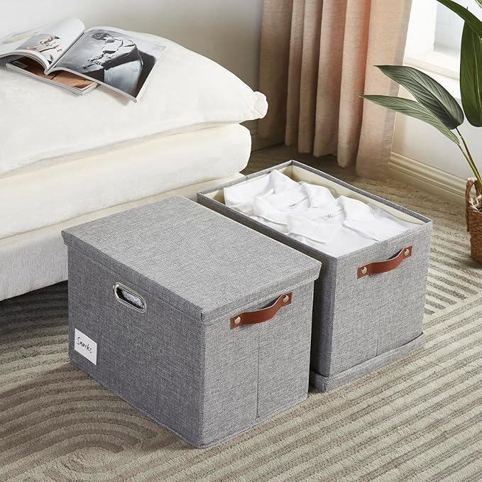 17" Large Collapsible Storage Bins with Lids, Stackable Closet Organizers with PU Handle and Labels, 3-Pack Decorative Fabric Storage Boxes for Home, Bedroom, Closet, Office, Nursery(Gray)
