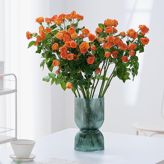 7.5 Inch Glass Hourglass Vase - Green Ribbed Bud Flower Vases for Floating Candles, Centerpieces, Wedding Reception Decor - Hurricane Candle Holder for Home Decor, Housewarming Gift