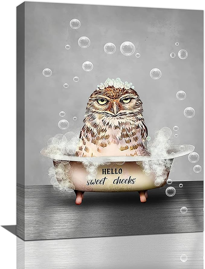 Funny Owl Bathroom Wall Art Farmhouse Animal Owl In Bathtub Pictures Wall Decor Bubble Bath Bathroom Pictures For Wall Canvas Prints Painting Artwork Home Decorations For Bathroom Framed 12"x16"