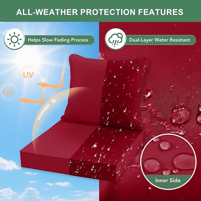 Summsun Outdoor Chair Cushions, Waterproof Back Pillow and Seat Cushion Set for Patio Furniture, Outdoor Sofa Replacement Cushions with Removable Cover, 22 x 22 Inch, Red, 1 Set