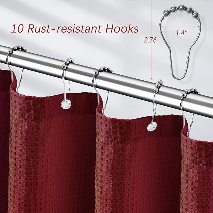 60 inch Stall Shower Curtain - Waffle Weave Heavy Duty Thick Fabric Shower Curtains for Bathroom, Weighted Hotel Spa Luxury Cloth Bath Curtain Set with 10 Hooks, 60x72, Burgundy