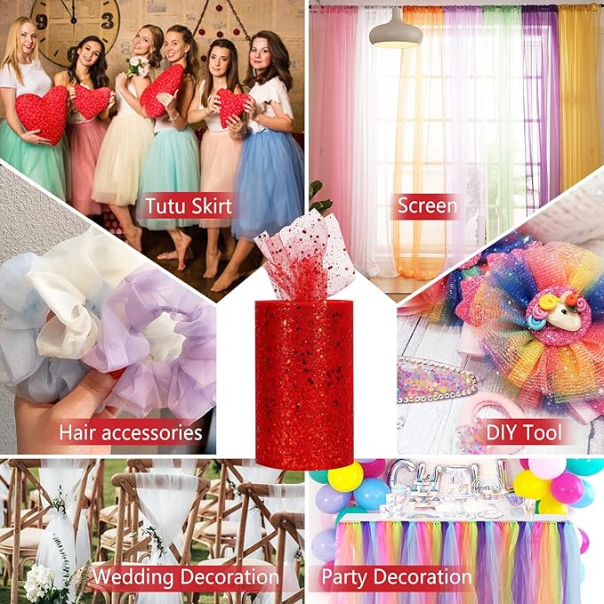 Glitter Tulle Rolls, 6” by 50 Yards (150FT) Sparkling Tulle Spool Ribbon Sequin Tulle Netting Fabric for Tutu Skirt Wedding Birthday Baby Shower (Red)