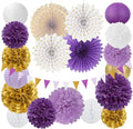 Purple-Lavender White Gold Party Decorations - 20pcs Graduation Birthday Paper Lanterns Fans,Tissue Pom Poms,Honeycomb Balls,Baby Shower Bridal Wedding Bachelorette Valentines Day Decor Burgleda