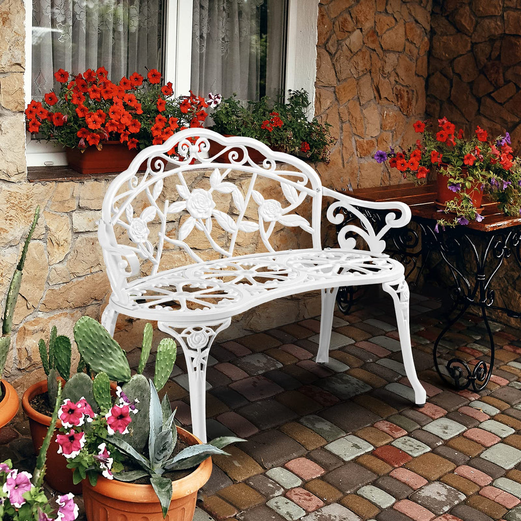 VINGLI 38.5" Patio Park Garden Outdoor Metal Rose Bench, 2-Person Cast Iron Cast Aluminium Frame Antique Finish Chair,Accented Lawn Front Porch Path Yard Decor Deck Furniture (White, Rose)