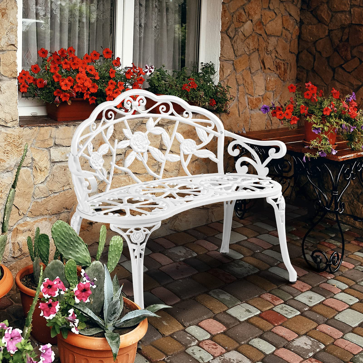 VINGLI 38.5" Patio Park Garden Outdoor Metal Rose Bench, 2-Person Cast Iron Cast Aluminium Frame Antique Finish Chair,Accented Lawn Front Porch Path Yard Decor Deck Furniture (White, Rose)