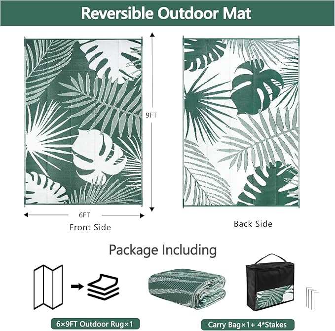 Waterproof Outdoor Rug 6x9 ft, Reversible Plastic Straw Mat with Leaf Pattern, Large Floor Mat for Patio, Camping, Picnic, Backyard RV, Deck, Dark Green