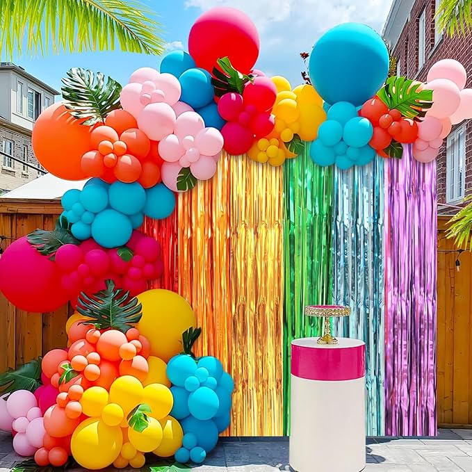 Crosize 2 Pack 3.3 x 8.2 ft Rainbow Foil Fringe Curtains Party Decorations, Tinsel Curtain Backdrop for Parties, Door Streamers, Glitter Streamer Fringe Backdrop for Birthday Decoration